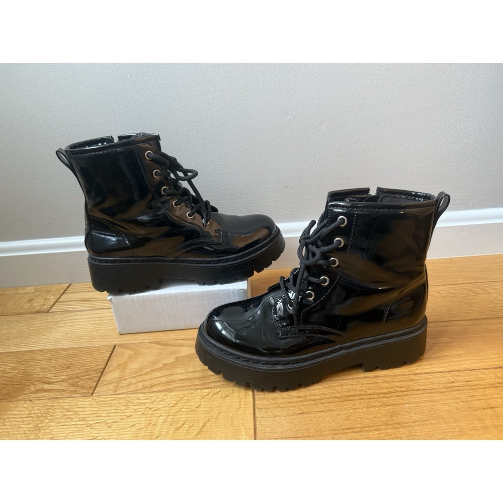 Womens Girls Steve Madden JRockk Black Patent Combat Boots Lug Sole Sz 4 Lace Up
